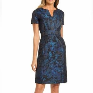 Shani Jaquard Metallic Vneck Bow Detail Dress in Blue Size 12